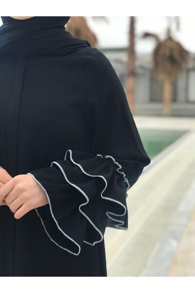 NAKŞİDİL Fırfır Kol Detaylı Siyah Ferace