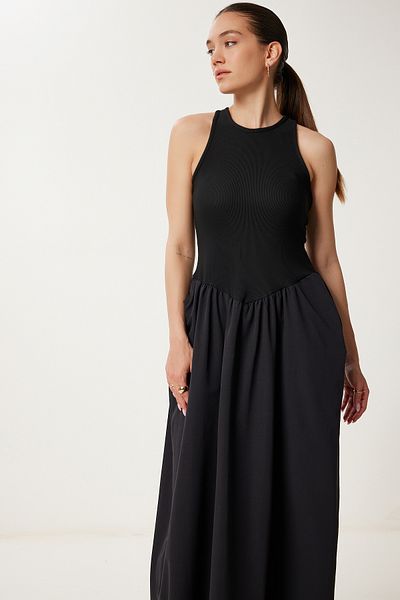 Lovelyİstanbul Rochie cu top tricotat și fustă din poplin neagră Lpb0002