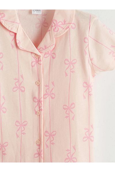 LC Waikiki Shirt Collar Bow Patterned Girl's Shorts Pajama Set