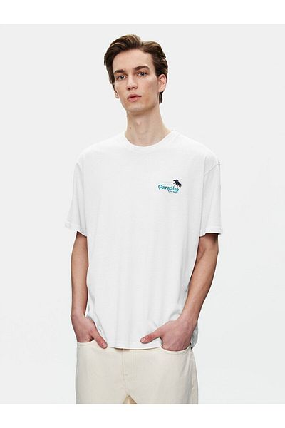 Ltb Tricou alb cu mânecă scurtă, cu decolteu O, imprimat pe spate