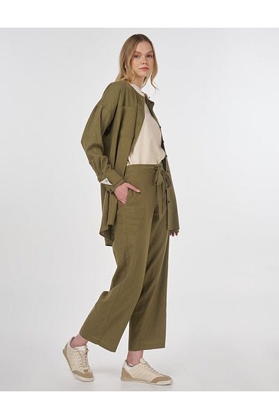 Kayra Linen Blended Judge Collar Tunic Khaki