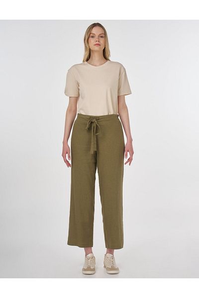 Kayra Linen Blended Carrot Trousers Khaki
