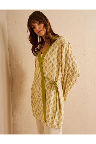 KYR Patterned Viscose Linen Kimono Khaki