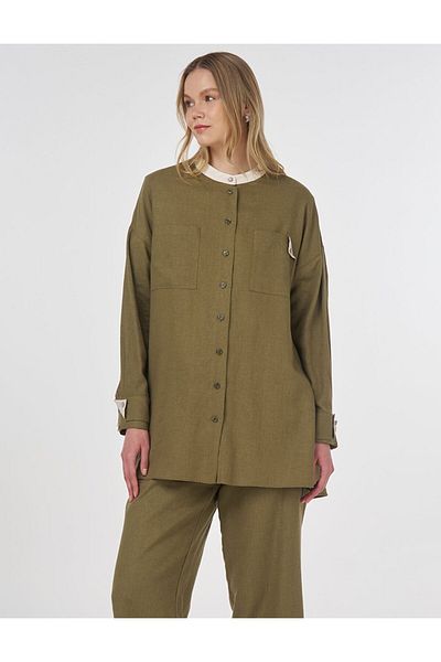 Kayra Linen Blended Judge Collar Tunic Khaki