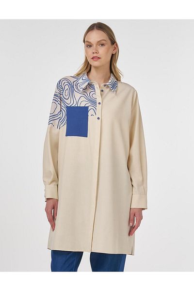 Kayra Print Detailed Shirt Collar Tunic Cream