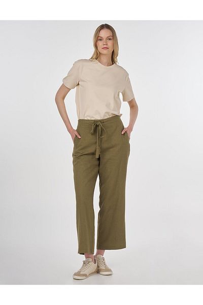 Kayra Linen Blended Carrot Trousers Khaki