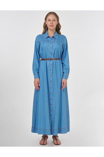 Kayra Φόρεμα Lyocell με λεπτομέρεια ζώνης Ice Blue