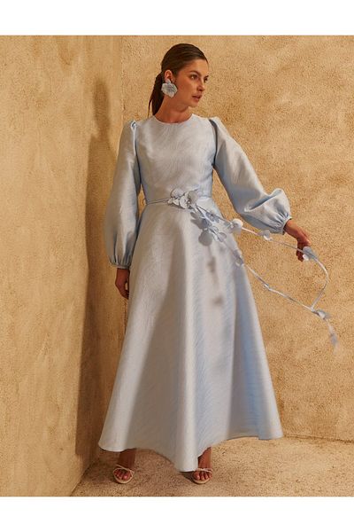 Kayra Flower Appliqued Taffeta Dress Blue