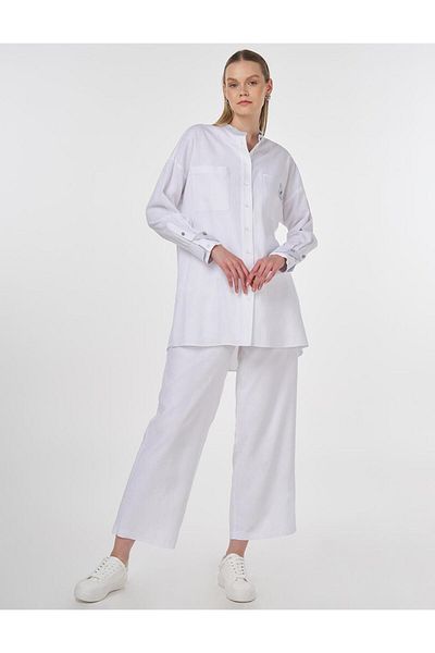 Kayra Linen Blended Judge Collar Tunic Optical White
