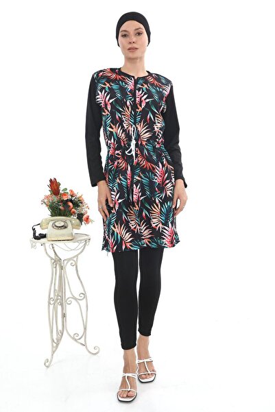 EB beachwear Tropical Leaf Water Repellent Parachute Fabric Turtleneck Swimsuit