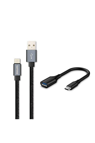 Philips 3A 60W UsbA to Type-C Deri Kaplama Hızlı Şarj Kablosu 1.2m + ScHitec ...