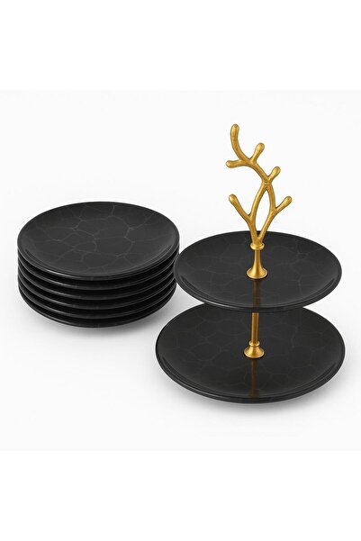 ela777 Ceramic Diplomat Serving Plate 32cm Black Marble Pattern 6 Pieces + Co...