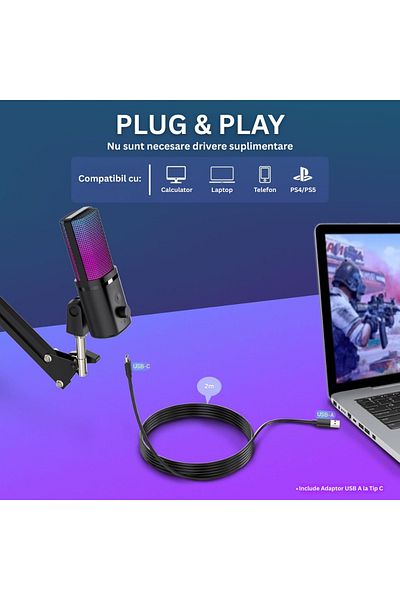 Velixo M160 Usb Professional Microphone, Cardioid, Noise Reduction, Mute, Rgb, Pop Filter, Adjustable Arm