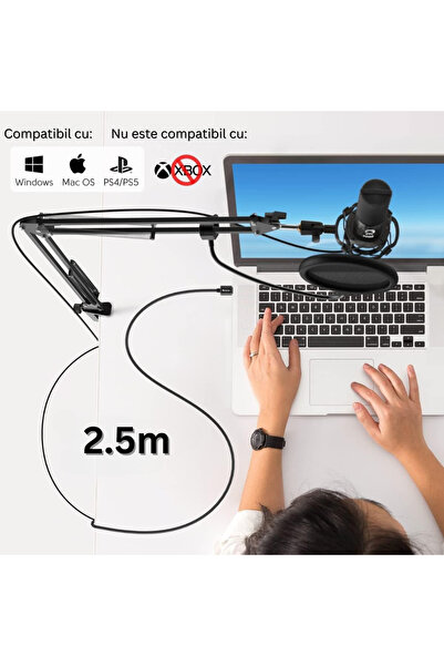 Velixo T669 USB Professional Microphone, Cardioid, Noise Reduction,Volume Control,Pop Filter,Adjustable Arm