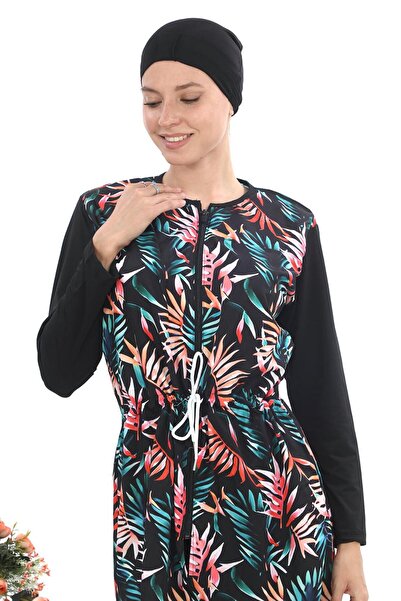 EB beachwear Tropical Leaf Water Repellent Parachute Fabric Turtleneck Swimsuit