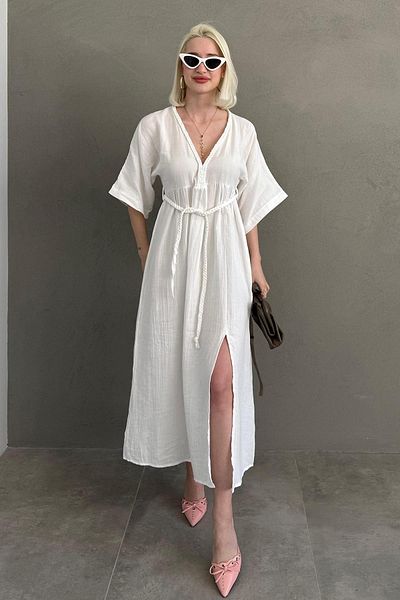 Seeh White 100% Cotton V-Neck Knit Detail Slit Dress Sh227