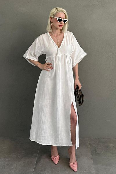 Seeh White 100% Cotton V-Neck Knit Detail Slit Dress Sh227