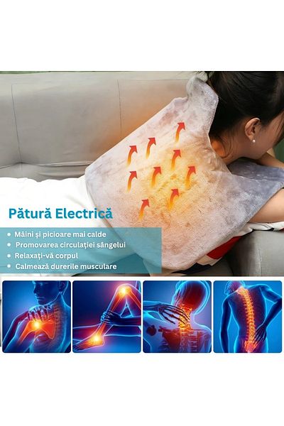 Velixo Pătură încălzită electrică, 3 niveluri de temperatură, telecomandă, ameliorează durerea de gât/spate/articulații, protecție la supraîncălzire