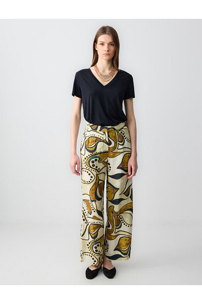 Jimmy Key Stone 100% Linen Relaxed Cut High Waist Loose Wide Leg Patterned Trousers