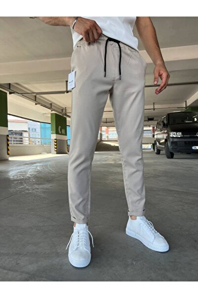 moda biz Ανδρικό παντελόνι Jogger με μπεζ μέση με κορδόνια ελαστική λεπτή εφαρμογή casual κοπής με τσέπες