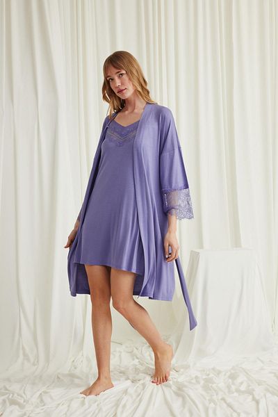 MONAMİSE Low-Cut Collar and Sleeve Lace Dressing Gown Set