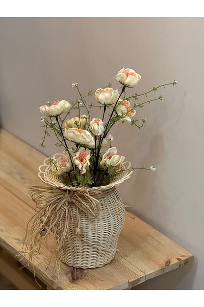 Maison Avf Set of 2 Rattan Handmade Vase & Salmon Poppy