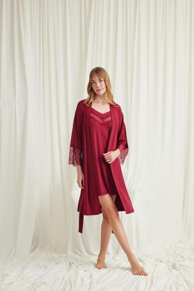 MONAMİSE طقم روب منخفض القطع وياقة وأكمام من الدانتيل