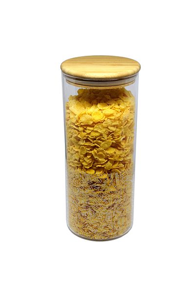 PUFO Recipient din sticlă borosilicată pentru zahăr, cafea, ceai sau condimente, cu capac etanș din bambus, 1,4 l