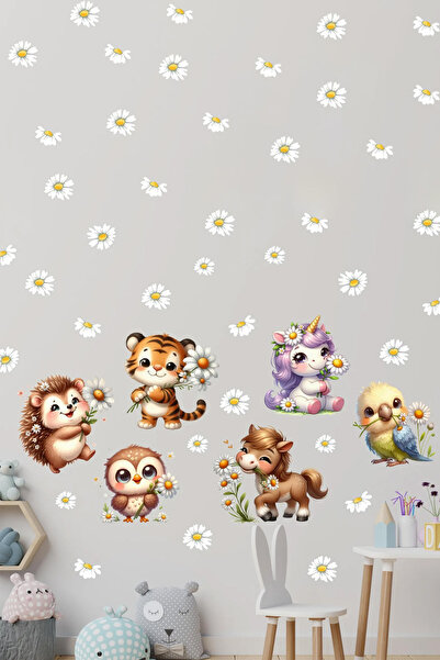 KT Decor Daisy Baby Animals 80 Piece Kids Room Wall Sticker Set