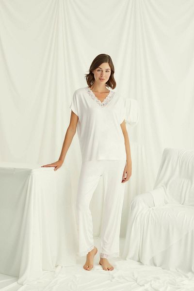 MONAMİSE Short Sleeve V-Neck Lace Pajama Set