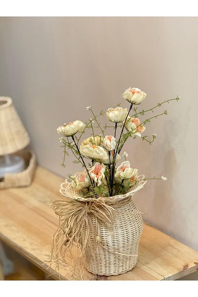 Maison Avf Set of 2 Rattan Handmade Vase & Salmon Poppy
