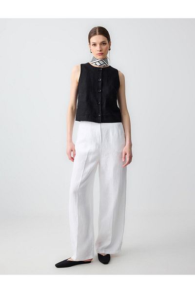 Jimmy Key Pantaloni largi, albi, 100% in, cu talie înaltă