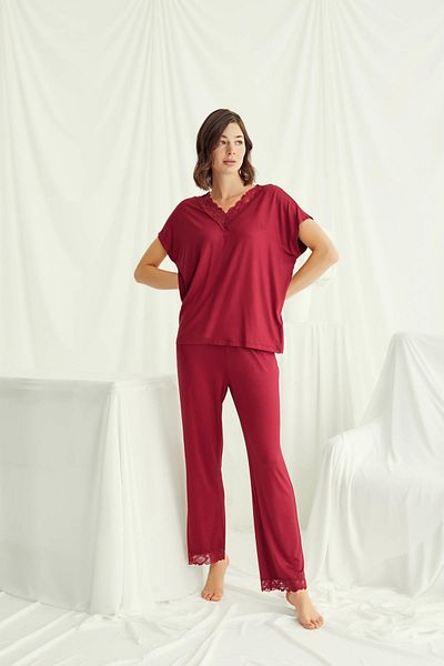 MONAMİSE Short Sleeve V-Neck Lace Pajama Set