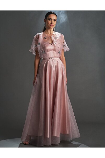 Kayra Powder Colored Organza Glittery Evening Dress with Bolero