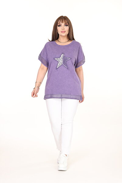 MODA pamuk içerikli file detaylı yıldız aplikeli üst Tshirt