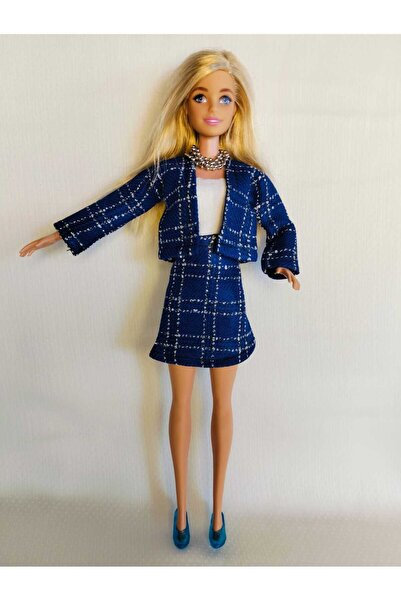 MIA WARDROBE Mavi kareli etek ceket takım