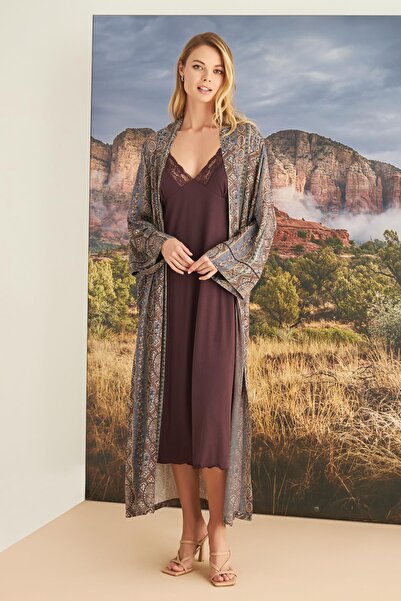 MONAMİSE Ethnic Patterned Lace Dressing Gown Set