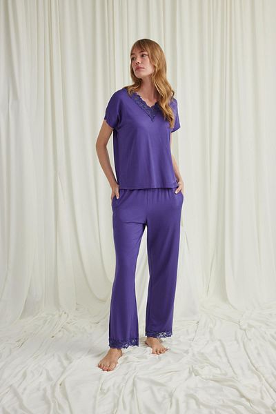 MONAMİSE Short Sleeve V-Neck Lace Pajama Set