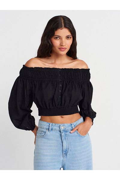 Dilvin 50258 Off-The-Shoulder Buttoned Top-Black