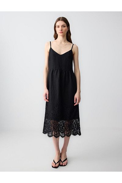 Jimmy Key Black 100% Linen V-Neck Strap Midi Dress with Lace Detail