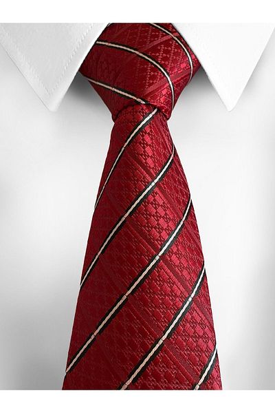 Dor Lion Red Tie and Handkerchief with White Stripes - 7 cm