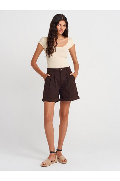 Dilvin 71988 Double Pleated Curled Leg Denim Shorts-Brown