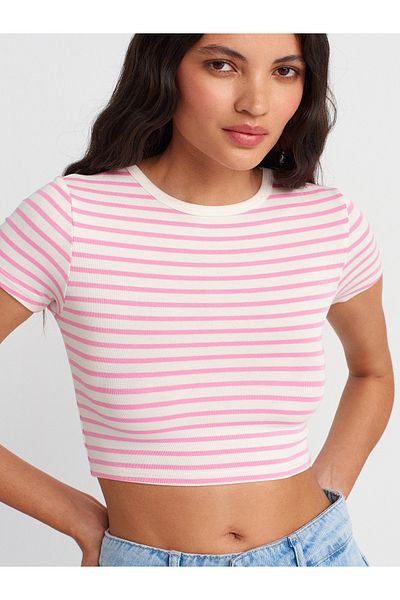Dilvin 31889 Striped Crop Top-Ecru-Pink
