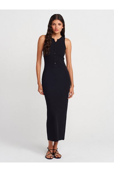 Dilvin 91467 Button Detailed Maxi Dress-Black