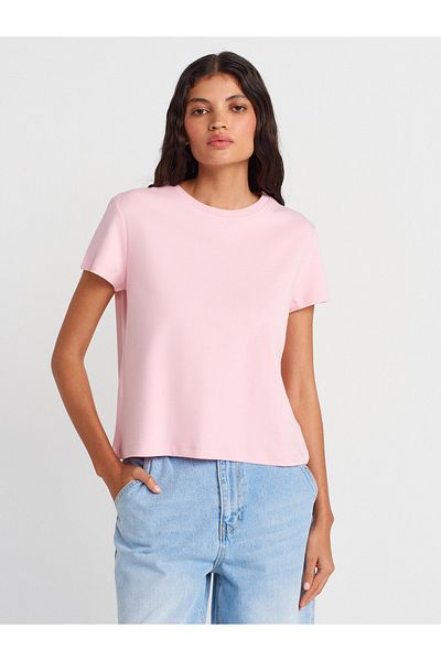 Dilvin 31757 Crew Neck Stitching Detailed T-Shirt-Dusty Pink
