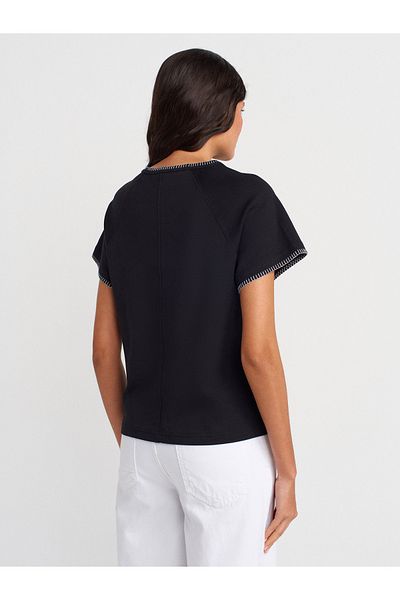 Dilvin 31824 Raglan Sleeve Contrast Stitching Detailed T-Shirt-Black
