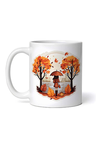 OEM Cană albă personalizată, Fată de toamnă cu umbrelă, INOVATIX®. 330ml