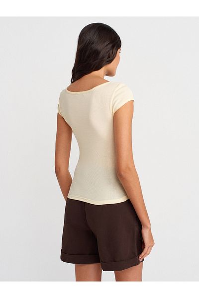Dilvin 31807 Crew Neck Corded T-Shirt-Light Yellow