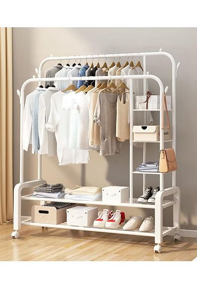 Generic Metal clothes hanger organizer, clothes rack and side shelves, white with wheels