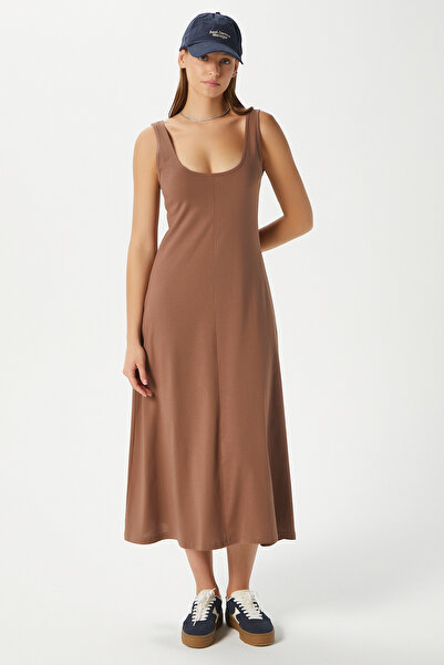 Ritnice Women's Nancy Sleeveless Brown Midi Combed Cotton Dress 5376
